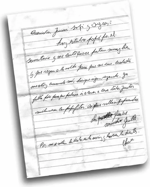 Handwritten letter from Guillermo, written by hand on a notebook sheet