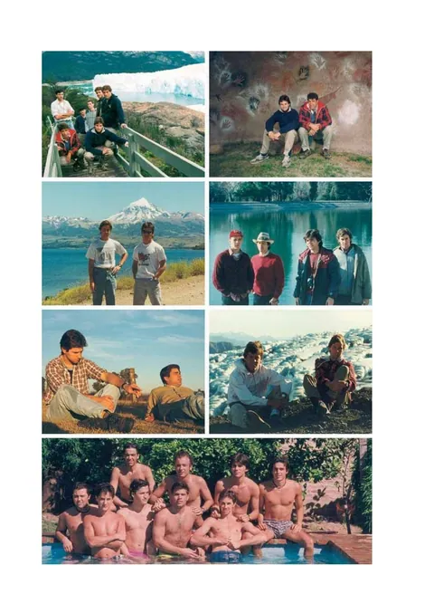 Collage of photographs of Guillermo with his friends, travelling among mountains and lakes