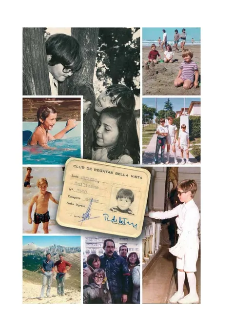 Collage of photographs of Guillermo’s childhood: at the pool, at the club, at his first communion