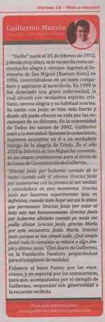 Vocation holy card with a summary of Guillermo’s life, 2014