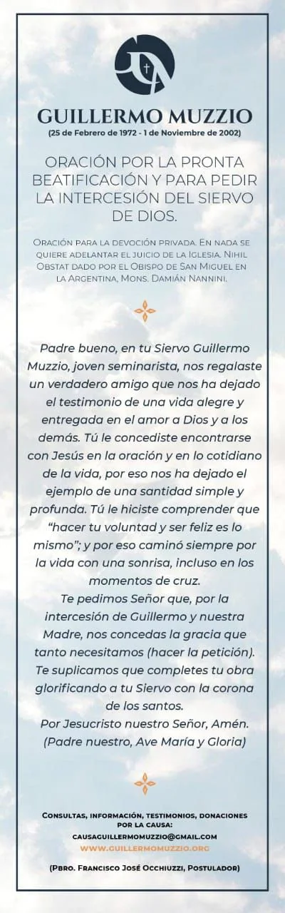 Holy card with the prayer for the swift beatification of the Servant of God Guillermo Muzzio